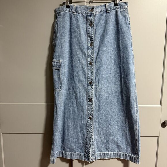 Cherokee Dresses & Skirts - VTG Cherokee Women Button Front Midi Slit Back Denim Skirt Blue 16 Cotton